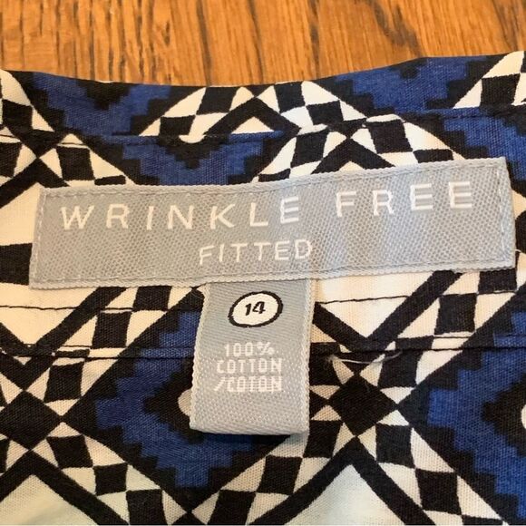 FOXCROFT WRINKLE FREE SHIRT WOMENS 14 BLACK & BLUE FITTED 100% COTTON BUTTON UP. - Picture 8 of 11